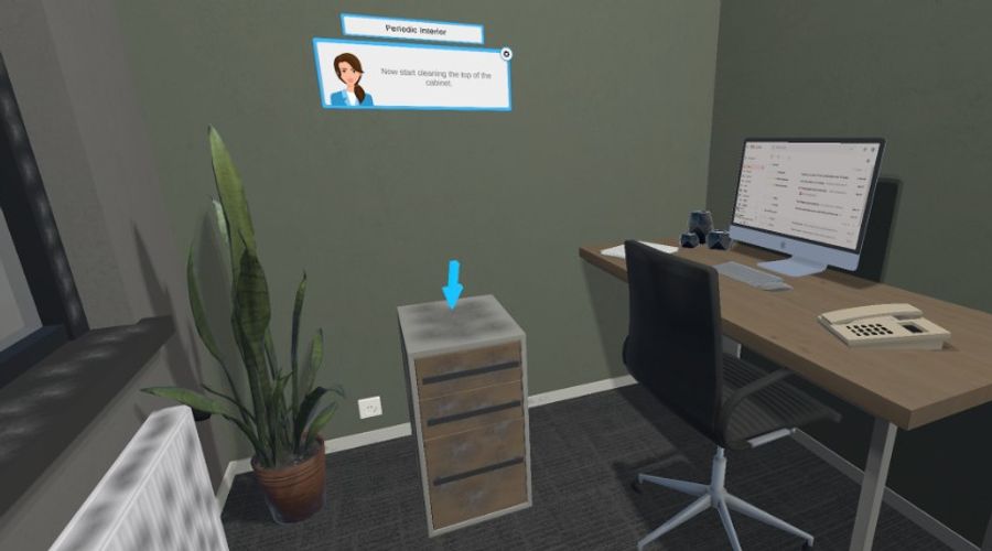 Cleaning Workx-module Periodiek Interieur: schoonmaken van de bovenzijde van een kast in een virtuele kantooromgeving