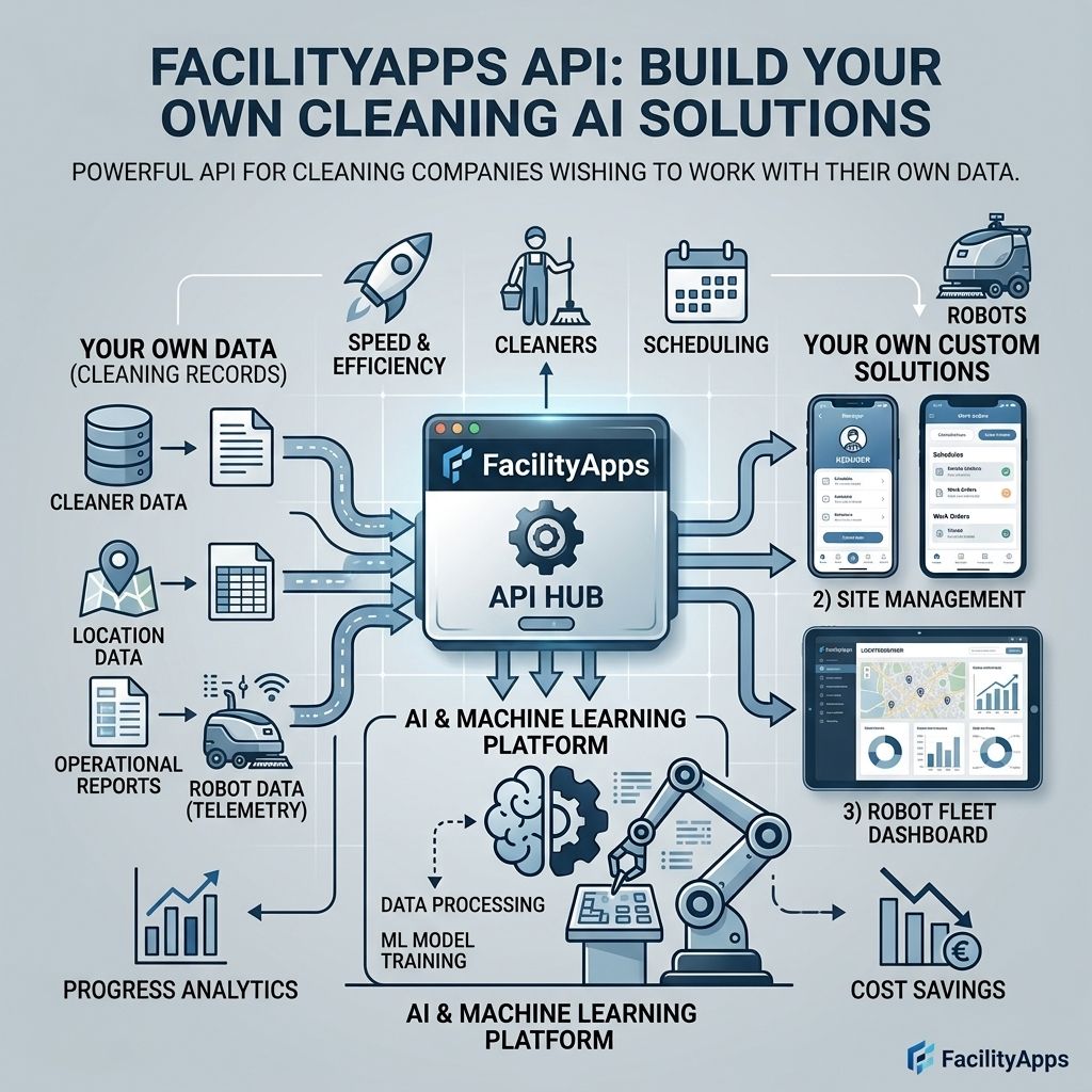 Infografiek van die FacilityApps API Hub: jou skoonmaakdata in, jou eie KI-oplossings uit