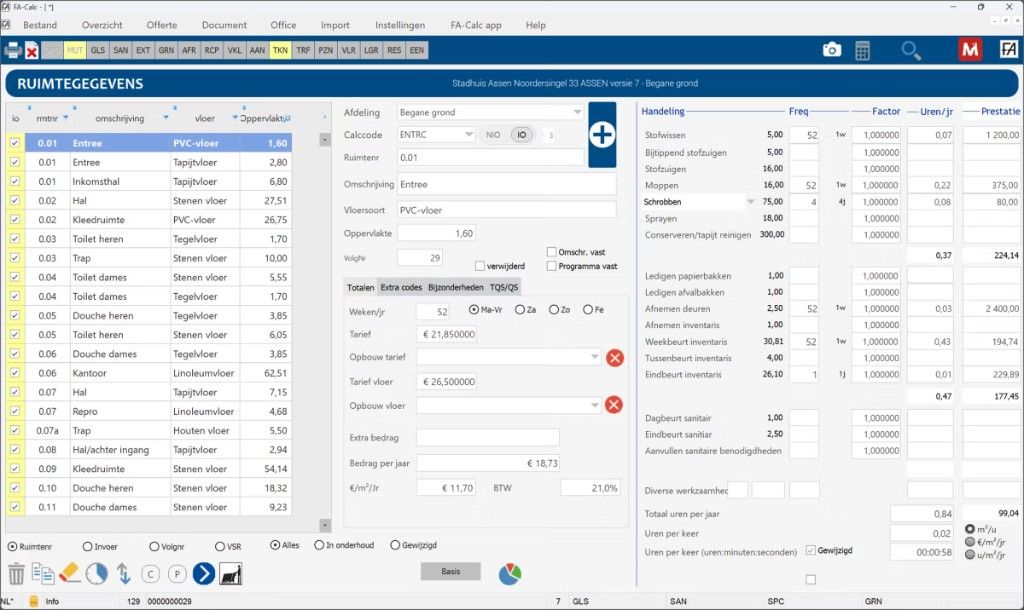 FA-Calc: ruimtegegevens, handelingen en uren per jaar