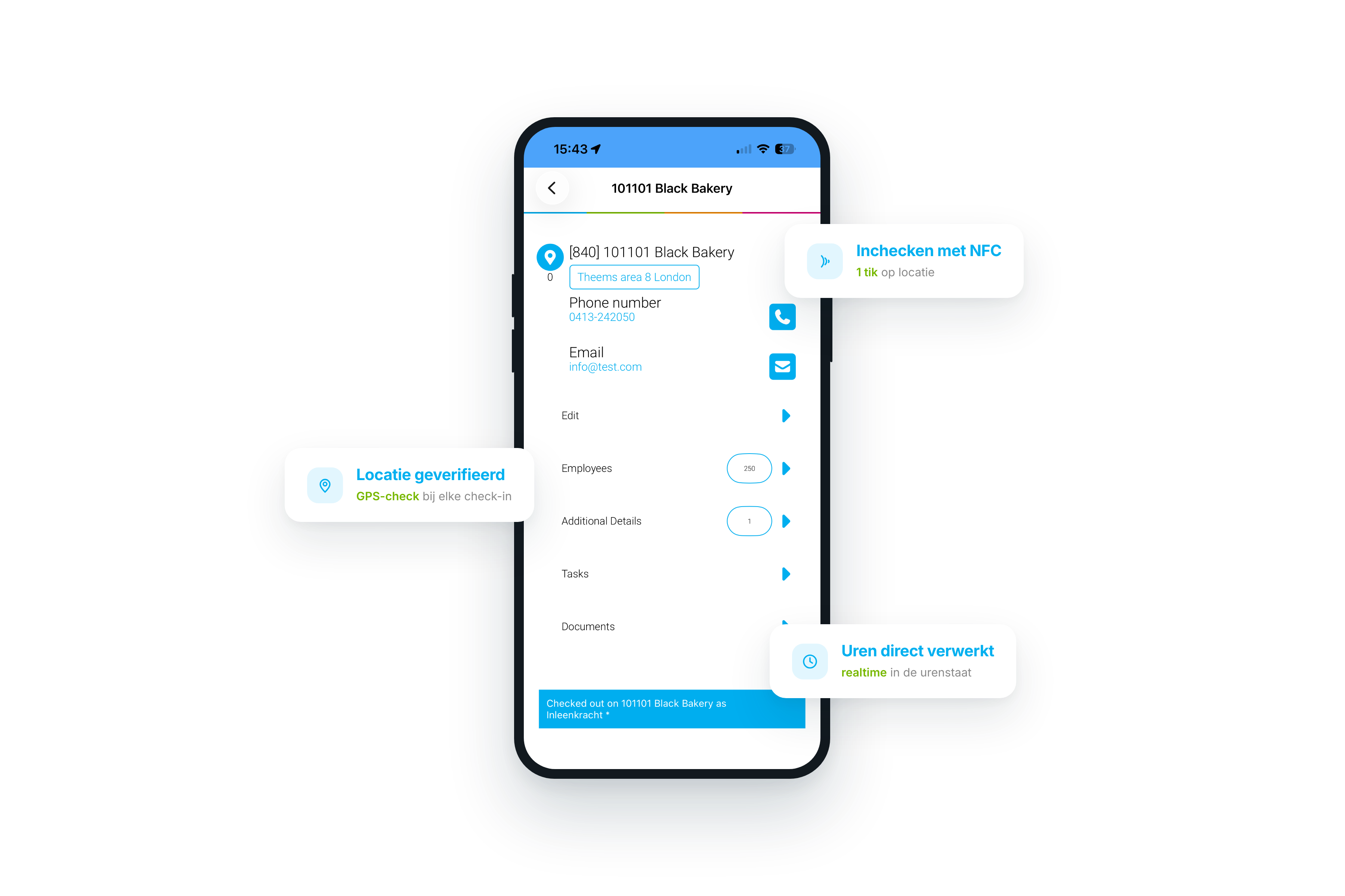 Inchecken met NFC op locatie: één tik, locatie geverifieerd, uren direct verwerkt