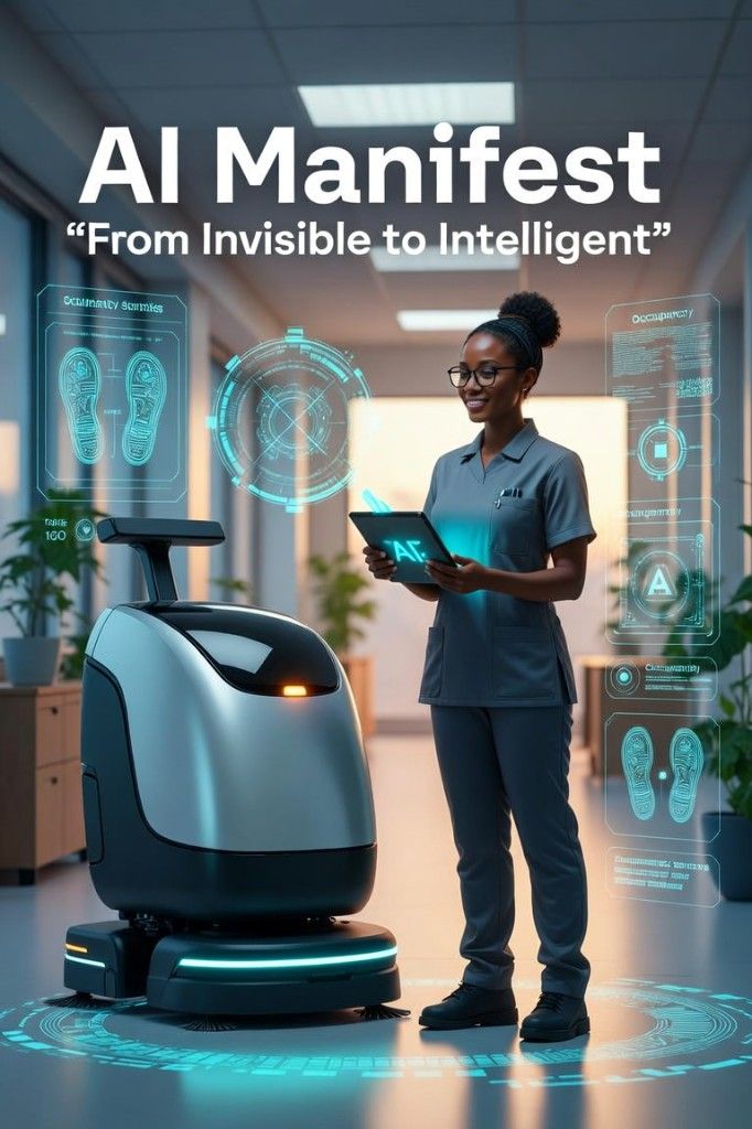 Omslag van die KI-manifes: From Invisible to Intelligent, met ’n skoonmaker en KI-skoonmaakrobot