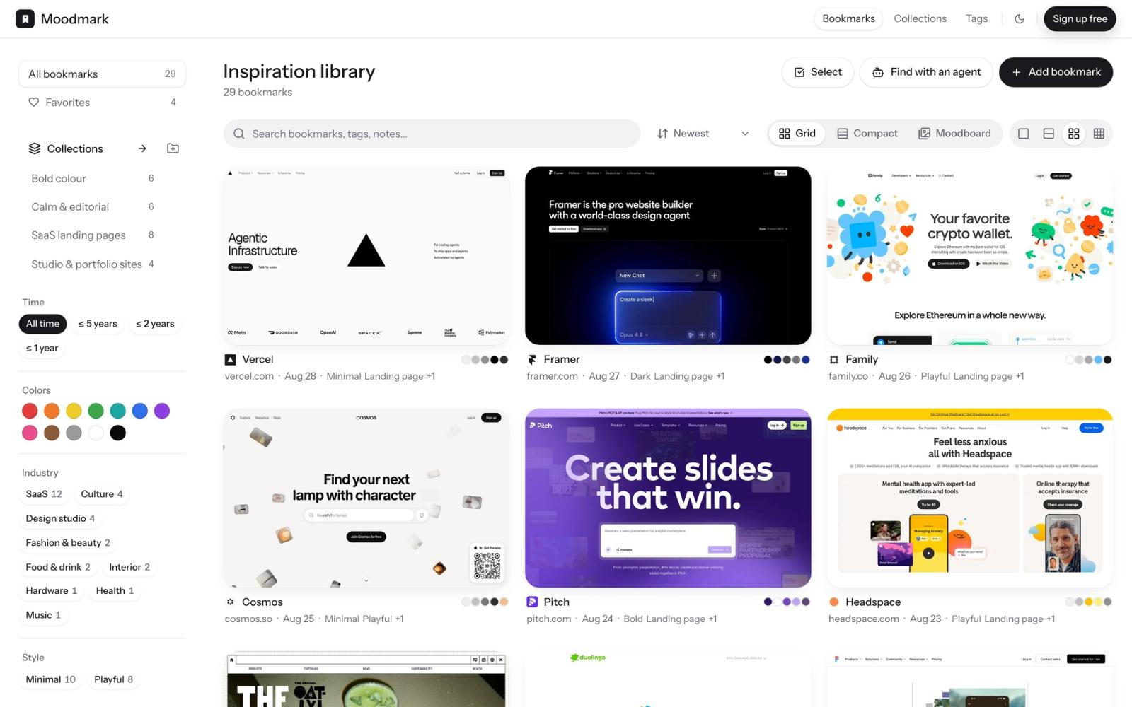 A Moodmark library: every saved site as a screenshot, with its palette, tags and filters alongside.