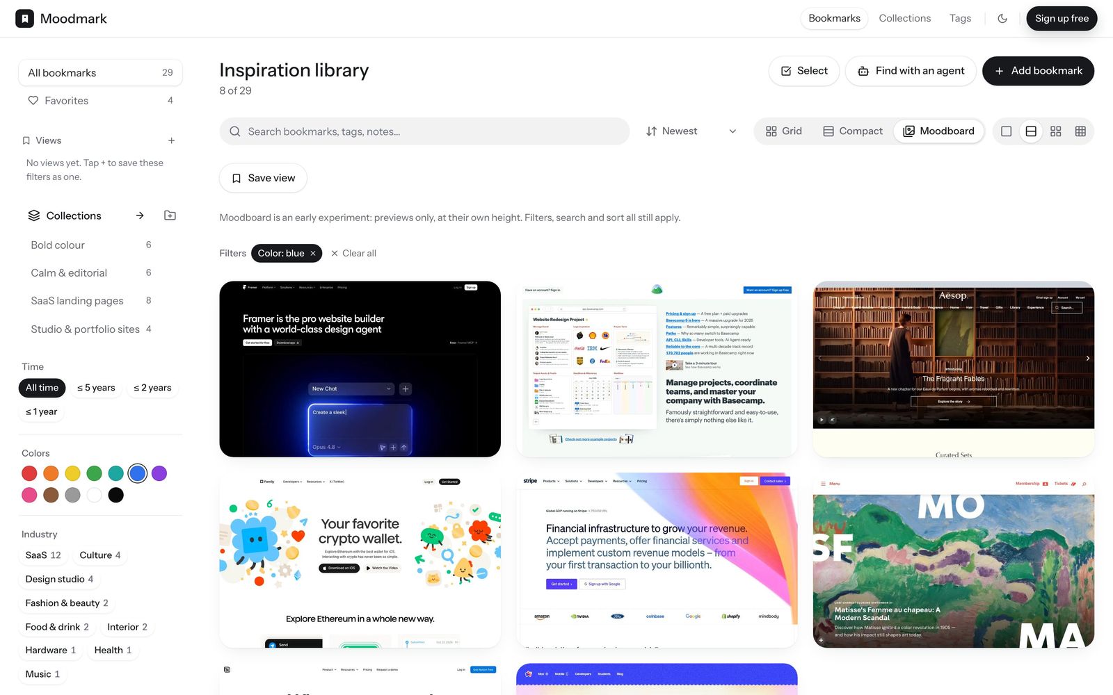 Filtering the library by colour: only the sites that use blue stay on the wall.