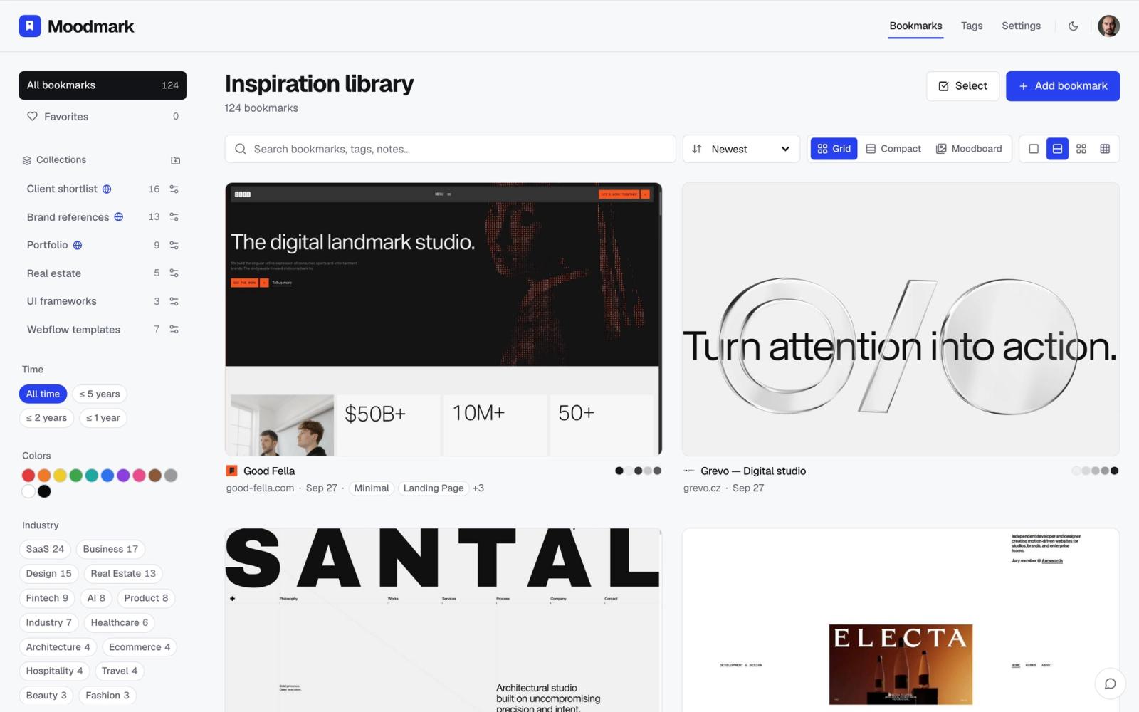 A Moodmark library showing saved sites with their screenshots, palettes and tags.