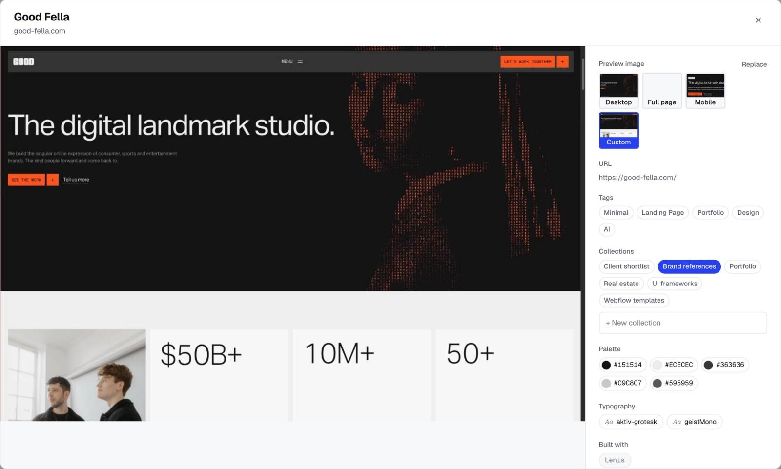 Moodmark's saved-site detail panel showing the detected tech stack next to the screenshot, palette and fonts.