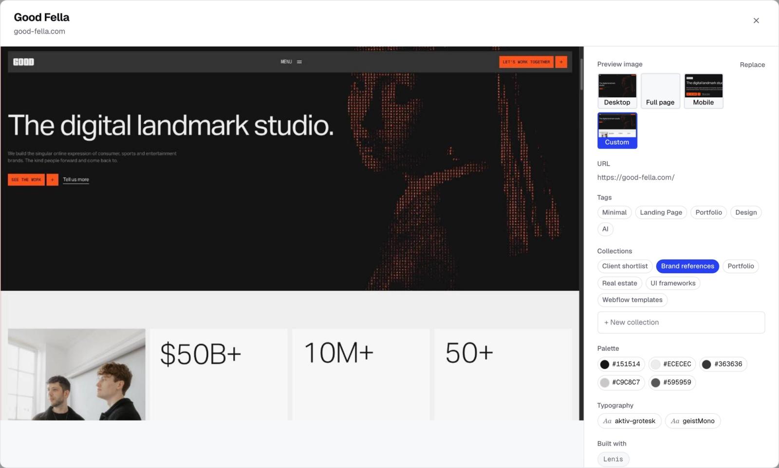 Moodmark's saved-site detail panel showing the detected tech stack next to the screenshot, palette and fonts.