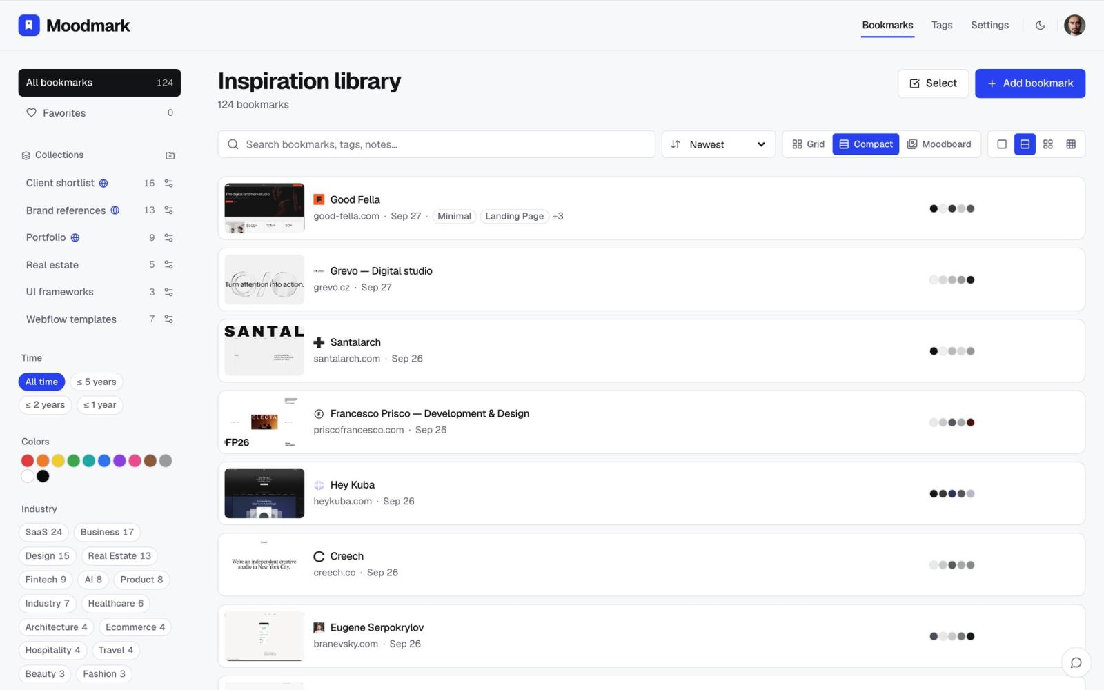 Moodmark's compact view listing saved sites with their tags and palettes for quick scanning.