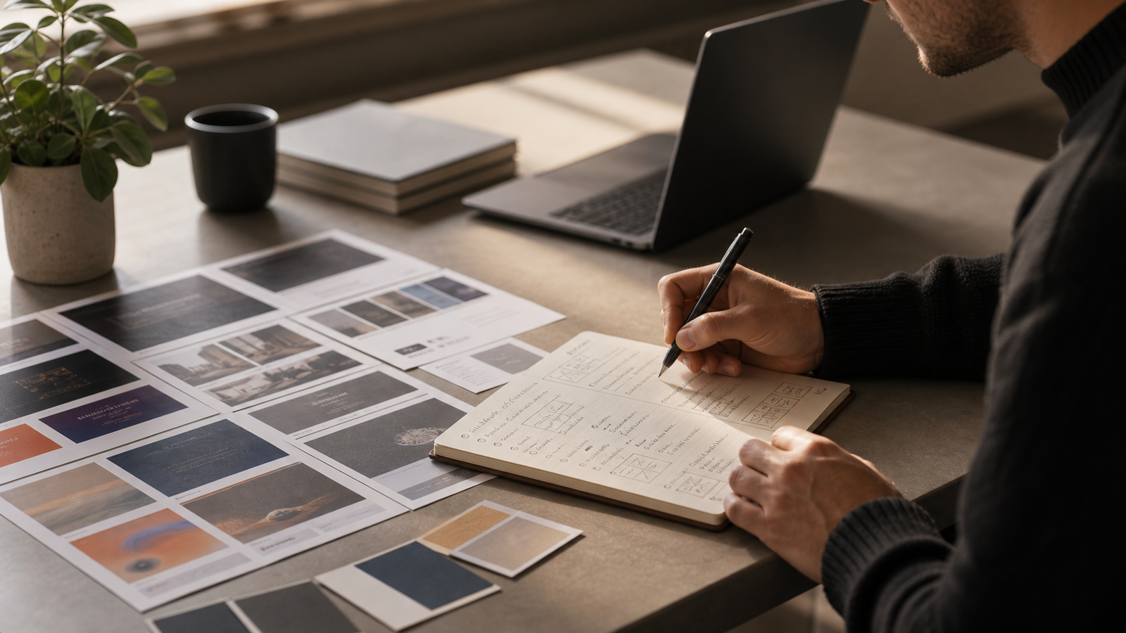 Designer turning website reference cards into structured build notes at a desk.