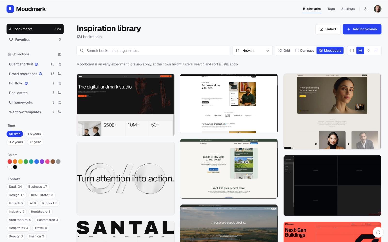 Moodmark moodboard view: a wall of saved websites