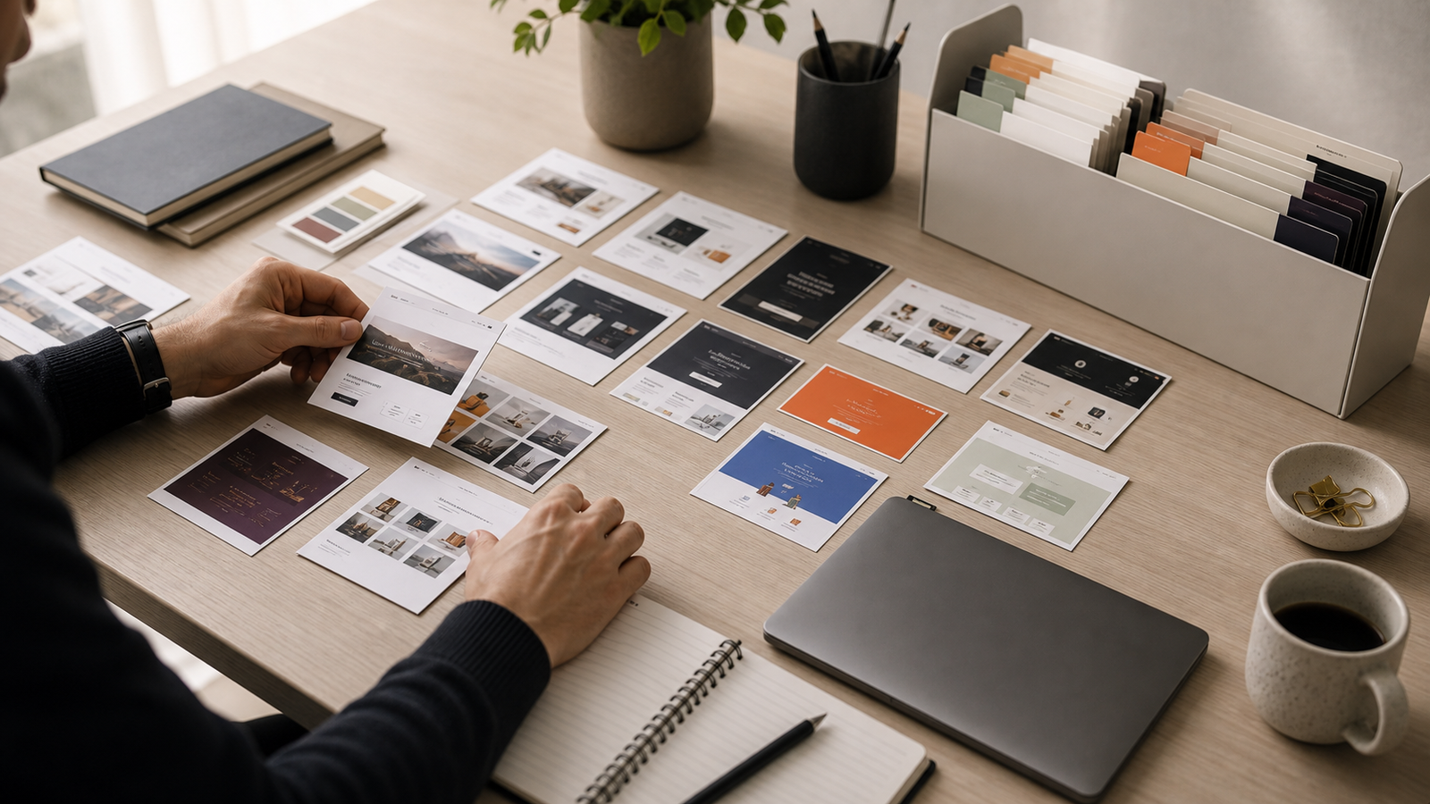 Designer sorting printed website screenshot cards into an organized reference archive.