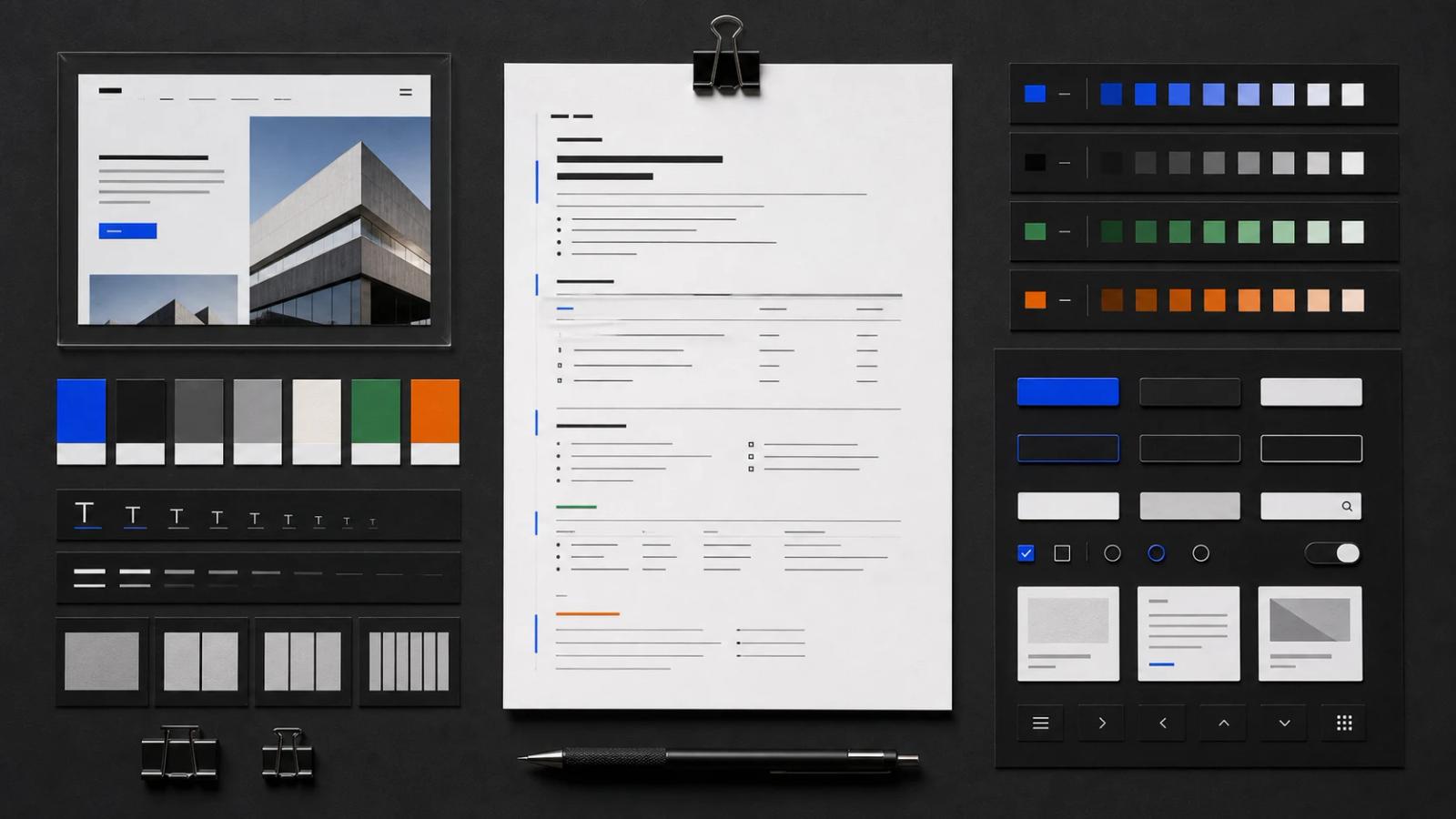 Central design.md brief surrounded by screenshots, tokens, and component specifications