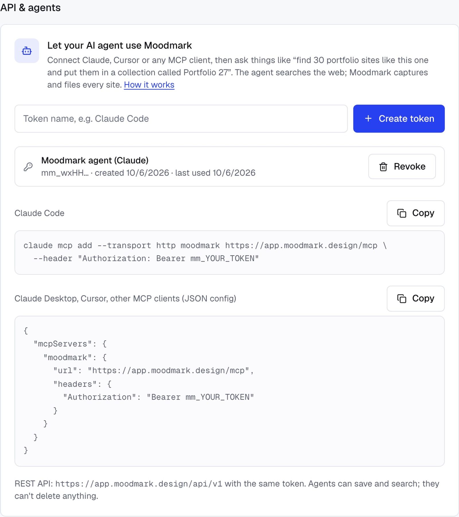 Moodmark Settings page with the API & agents section, a Create token button and setup snippets