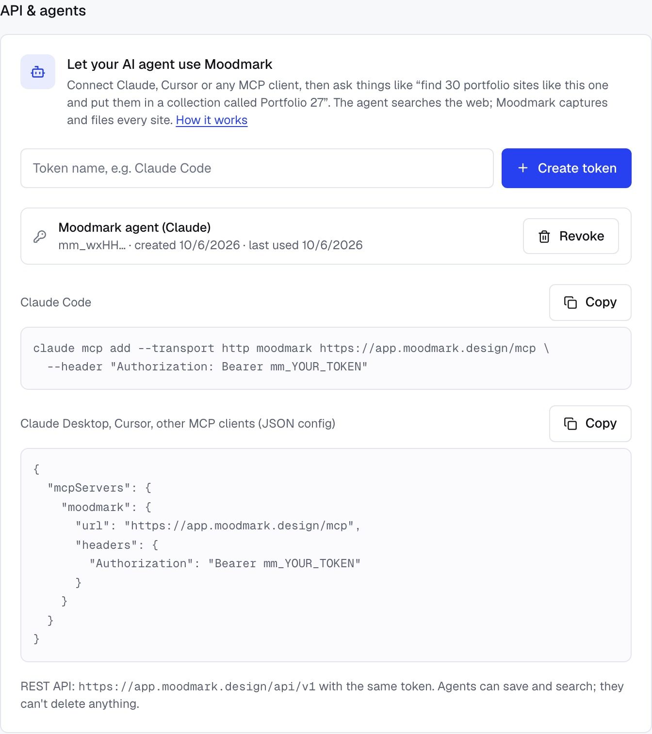Moodmark Settings page with the API & agents section, a Create token button and setup snippets