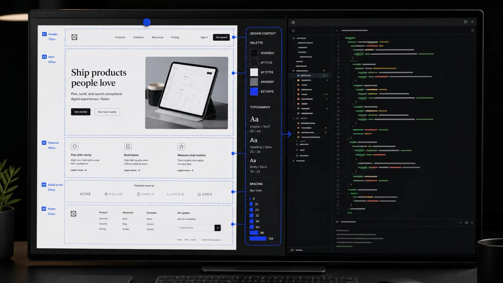 Visual website reference connected to a Cursor code workspace and design context