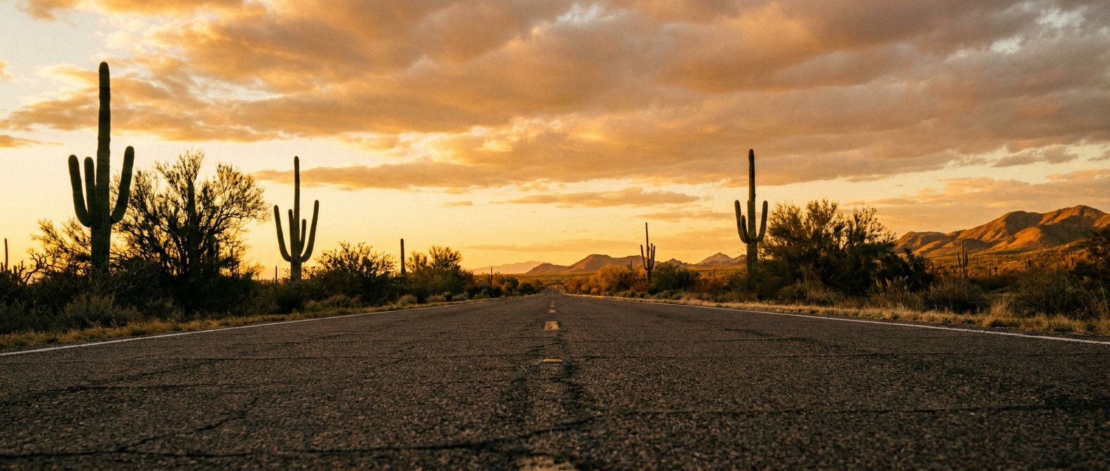 Arizona desert highway at golden hour