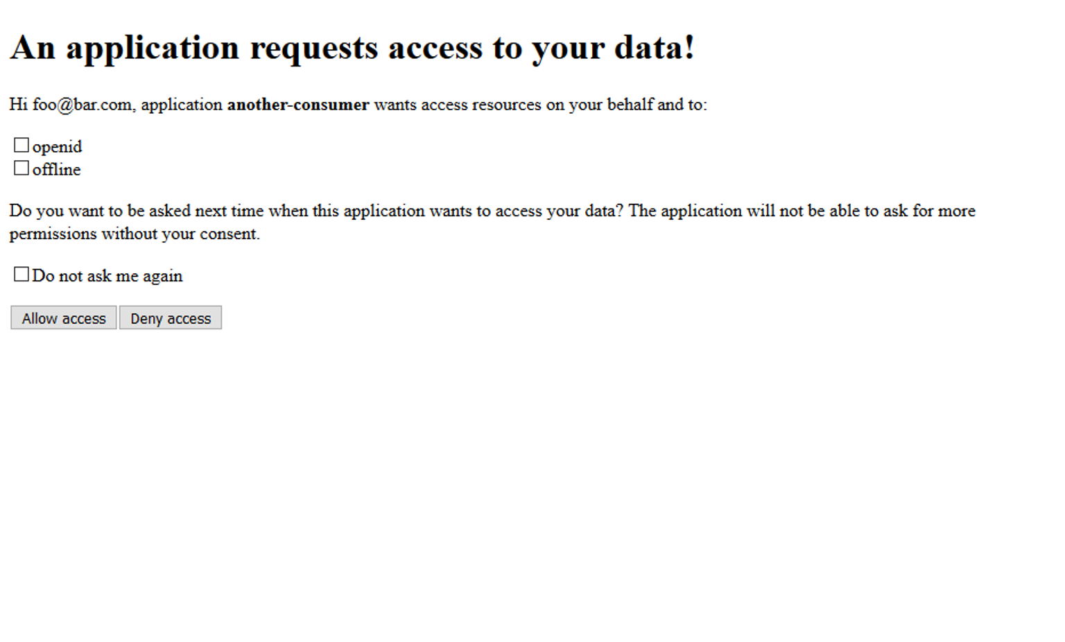 Consent App asking the user to grant the requested scopes to the application