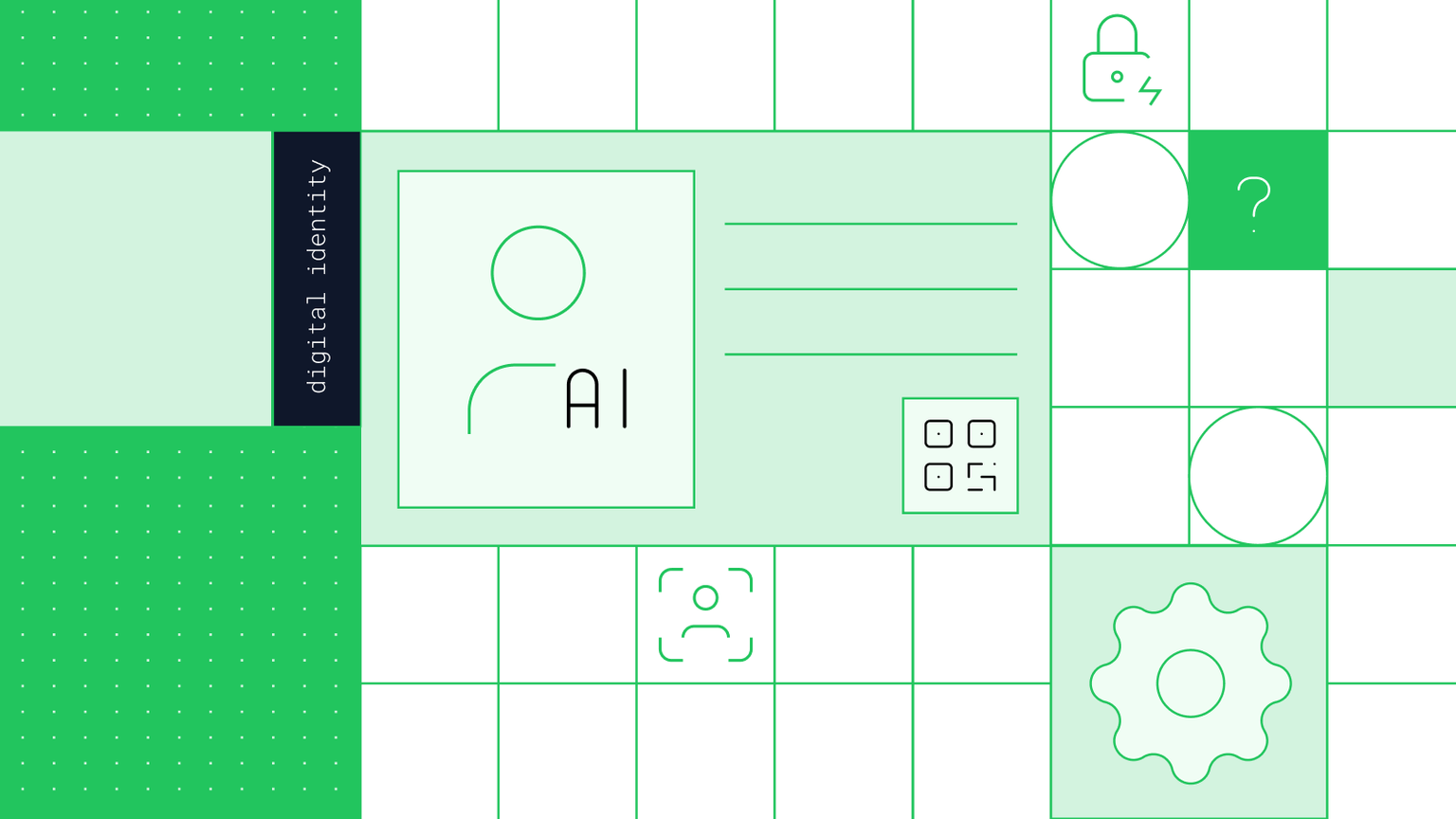 A digital identity illustration, featuring an ID card icon labeled “AI” alongside symbols for security, biometrics, and system settings