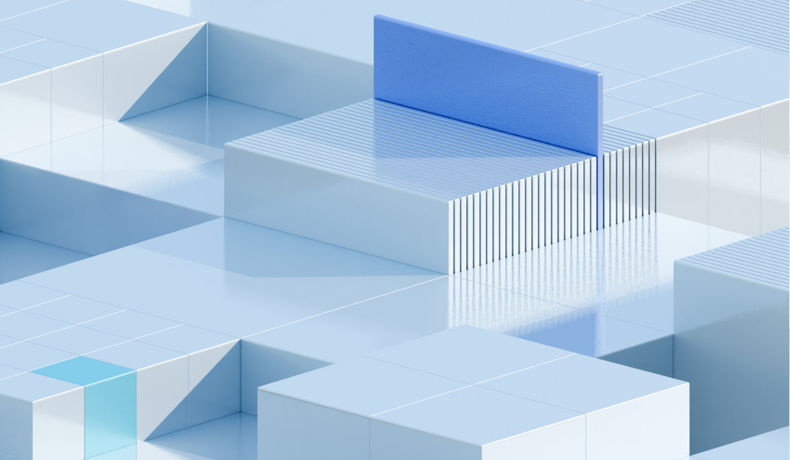 3D abstract with blue square with a white cube positioned in the center.