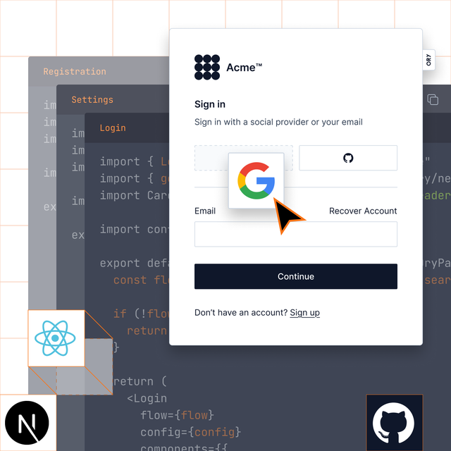 Ory identity management login flow with social and email authentication