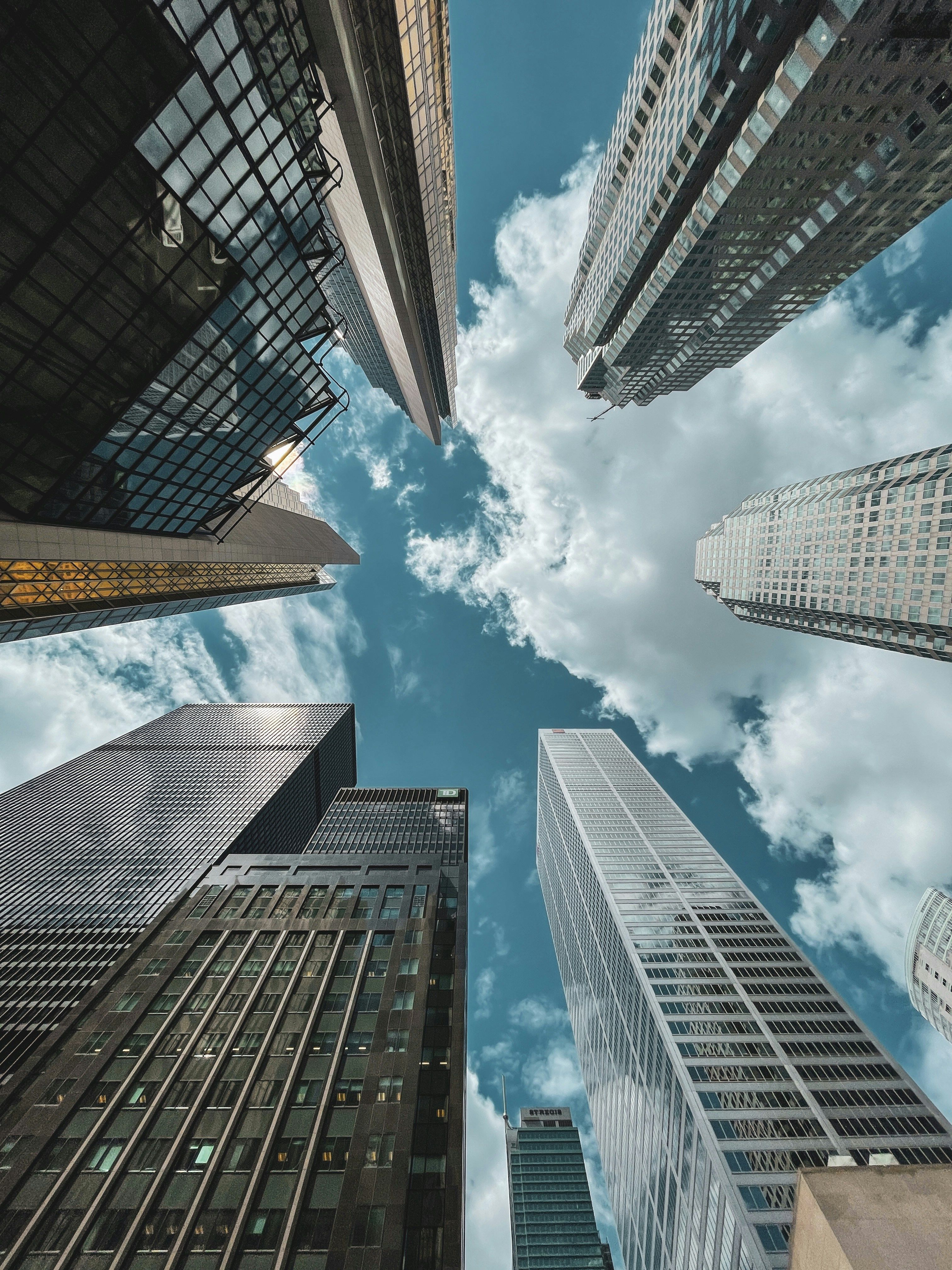 A skyline of tall city buildings under a blue sky filled with fluffy white clouds