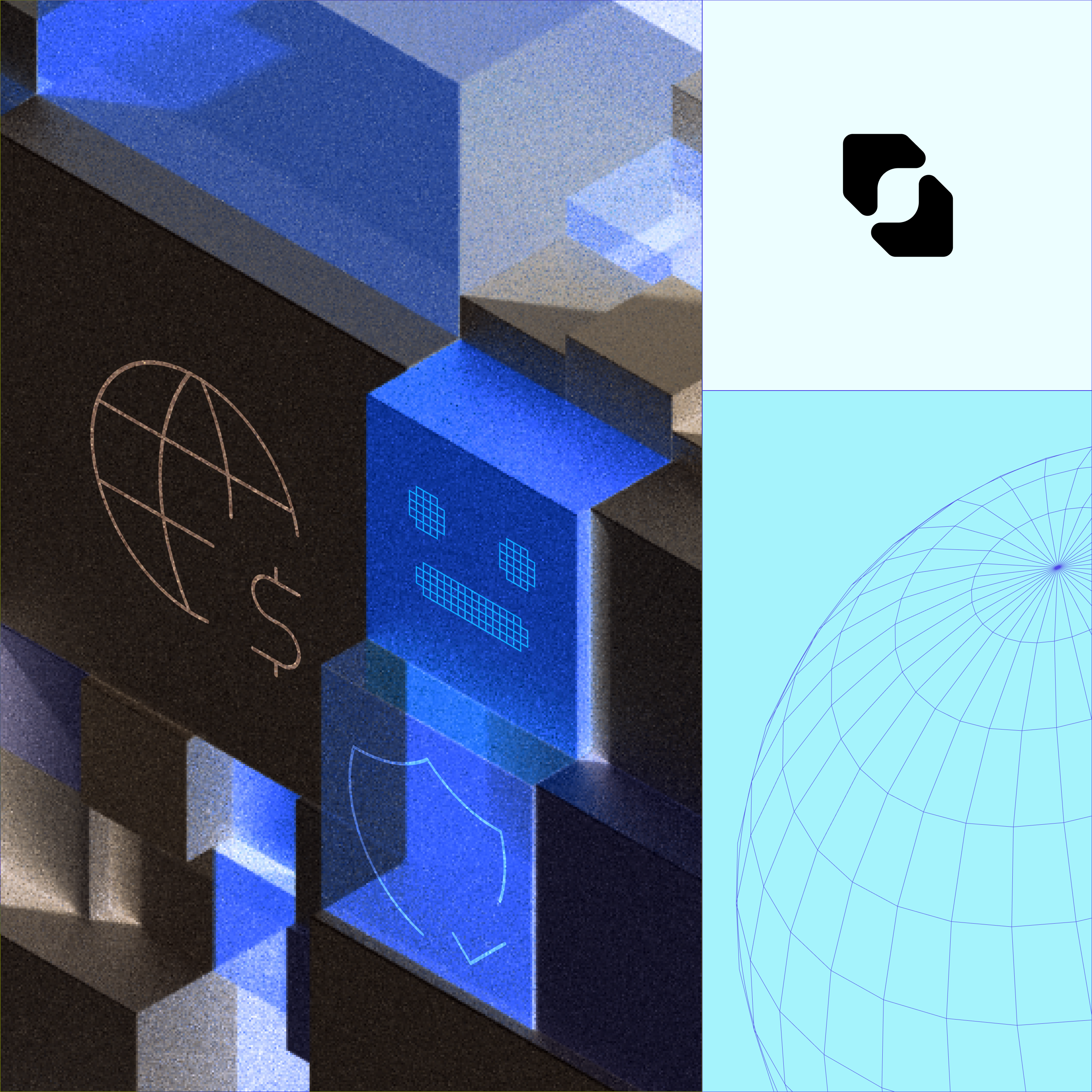 An illustration with 3D blocks, a pixelated robot face, and icons of a globe, dollar sign, shield, and grid sphere.