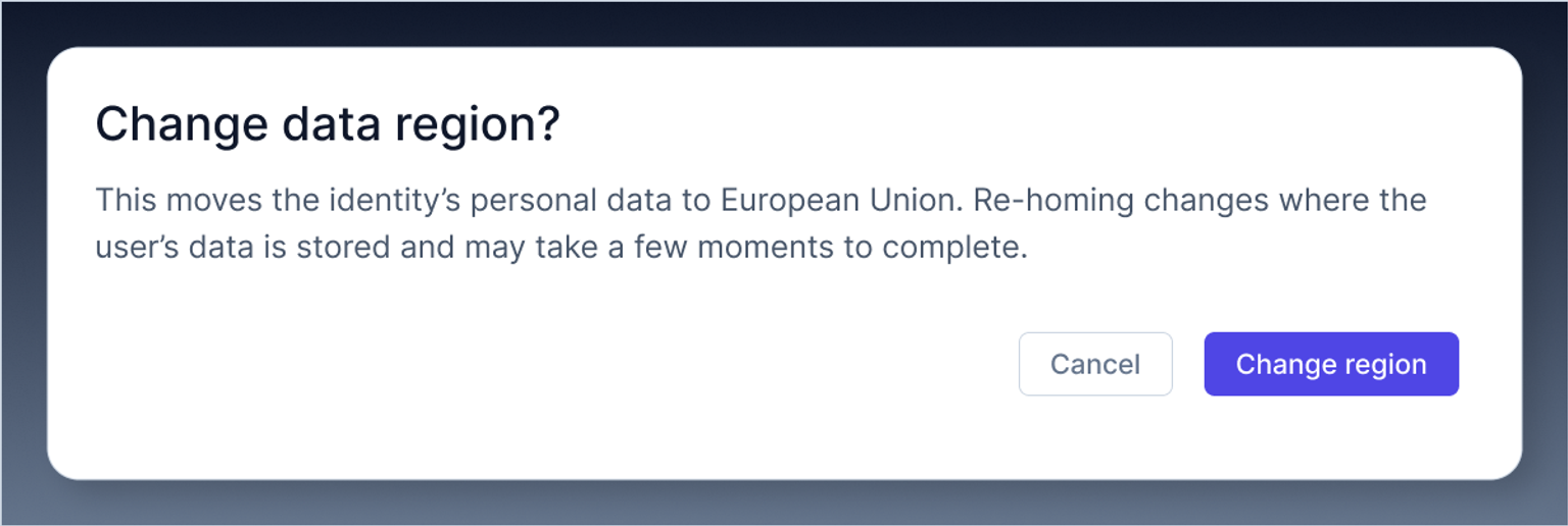 Re-homing prompts confirmation before moving the identity's personal data to the new region.