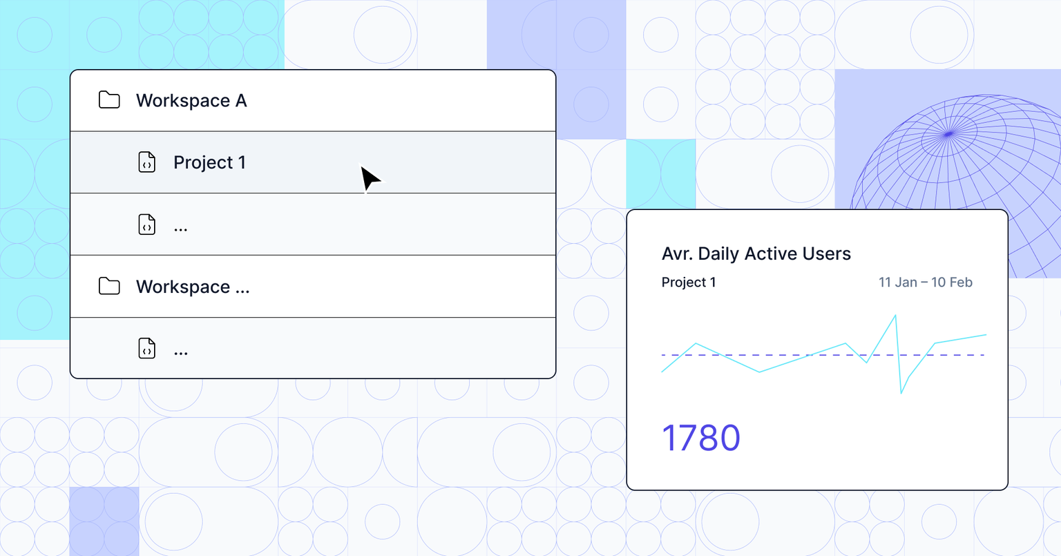 Interface-style illustration showing workspace and project folders on the left and a dashboard card with daily active user analytics on the right, set against a geometric patterned background.