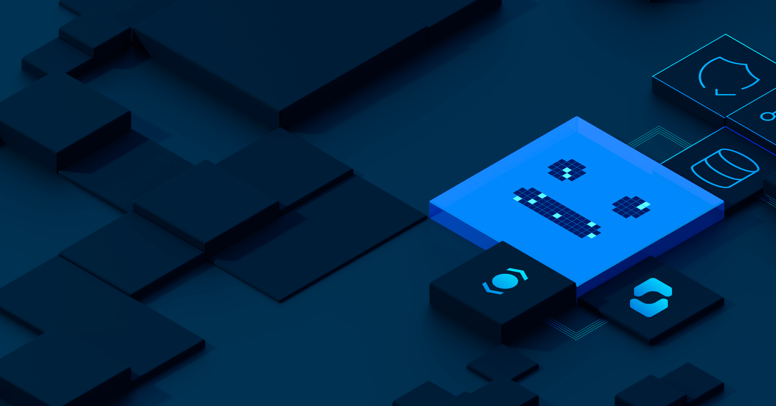 A dark blue tech illustration featuring a glowing pixelated robot face on stacked geometric blocks.