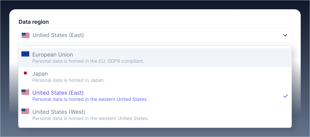 The data region selector on the identity details page, showing available regions for a super-region project. The data region selector on the identity details page, showing available regions for a super-region project.