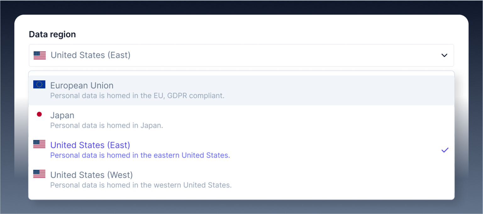 The data region selector on the identity details page, showing available regions for a super-region project.