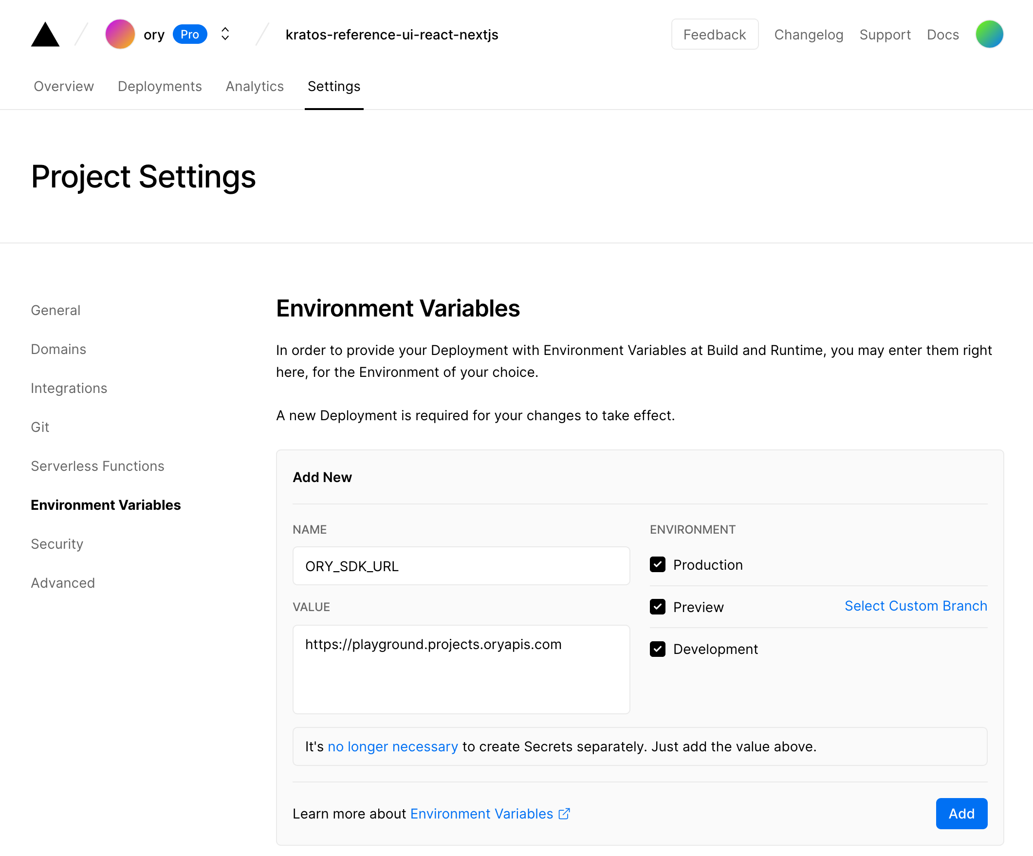 Add the Ory Network SDK URL to Vercel