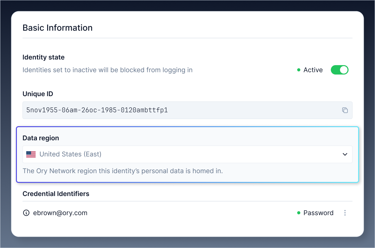 The data region selector under User management > Users & Identities > View Identity The data region selector under User management > Users & Identities > View Identity