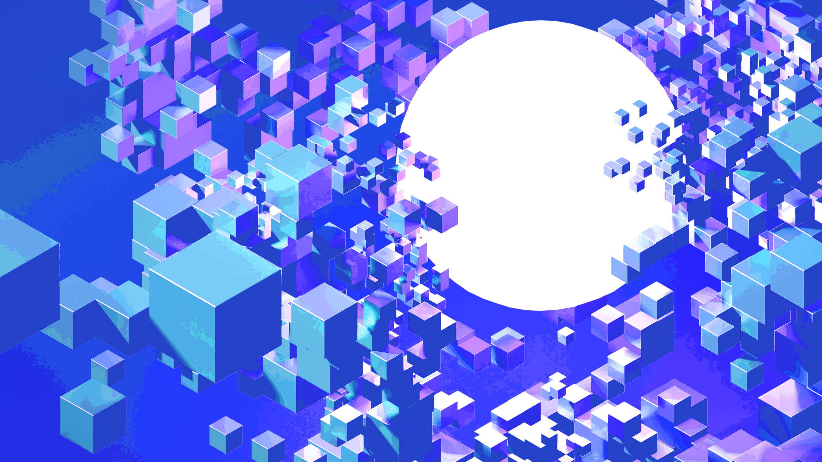 Decorative white sphere among several cubes on a vibrant blue background.