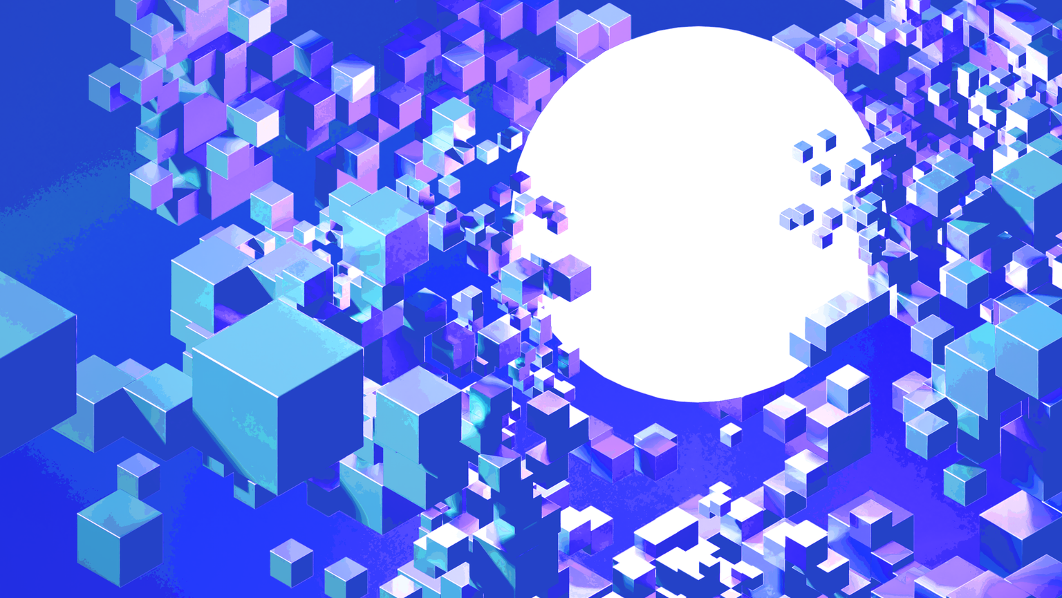 Decorative white sphere among several cubes on a vibrant blue background.