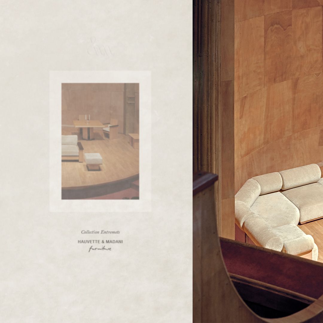 Page de catalogue de la collection de mobilier Entremets des architectes et designers Hauvette et Madani | © Studio Cent-Huit 2025
