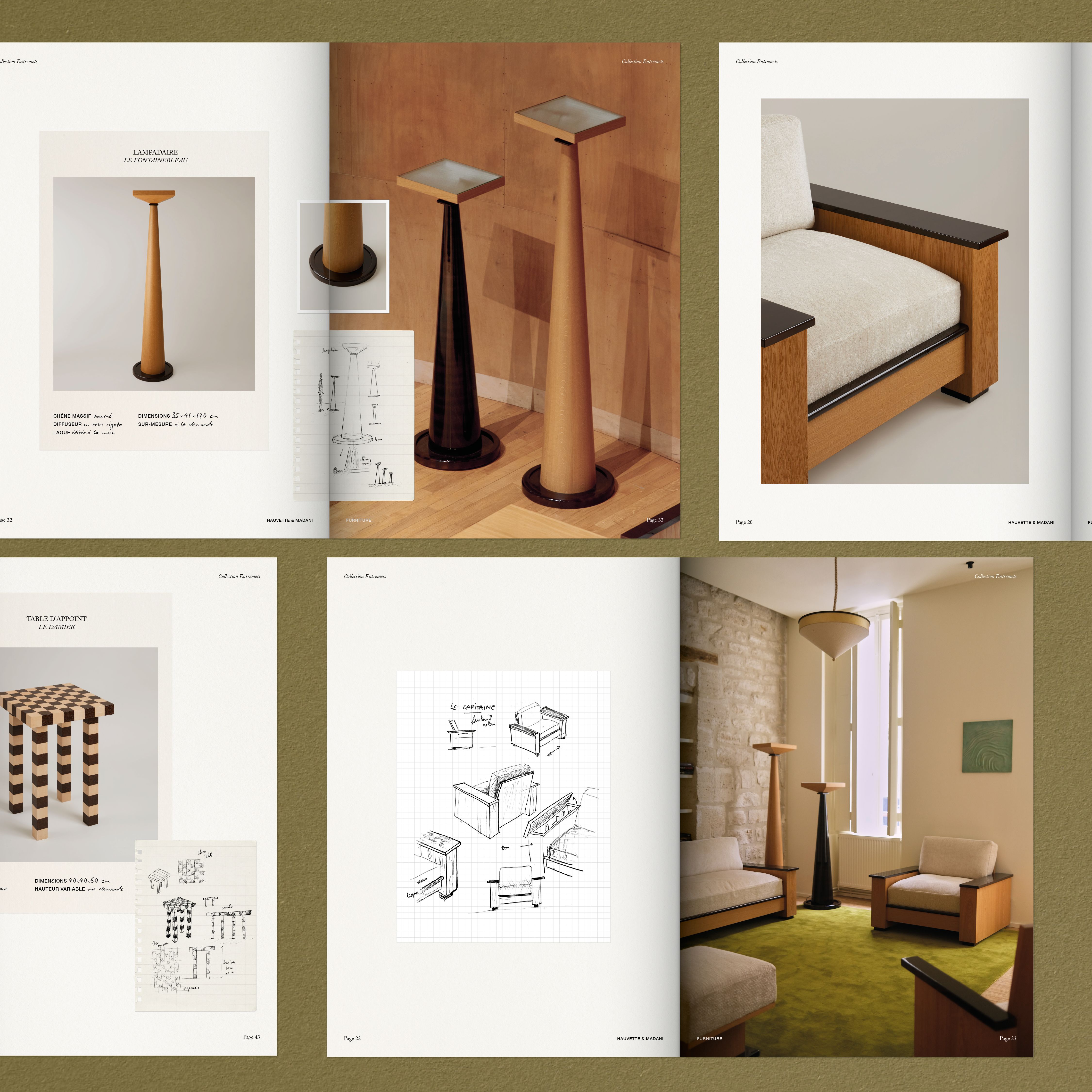 Pages de catalogue de la collection de mobilier Entremets des architectes et designers Hauvette et Madani | © Studio Cent-Huit 2025