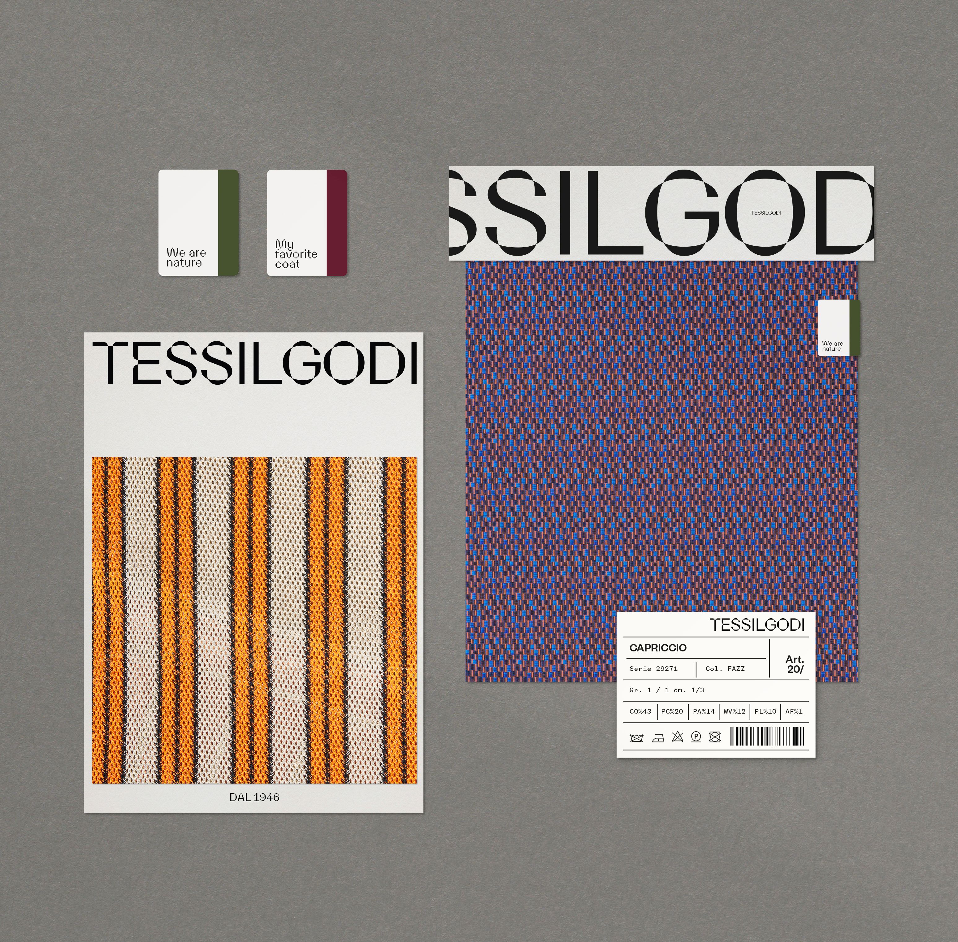 Supports robrack, échantillon et étiquettes tissus avec l'identité visuelle Tessilgodi | © Studio Cent-Huit 2025