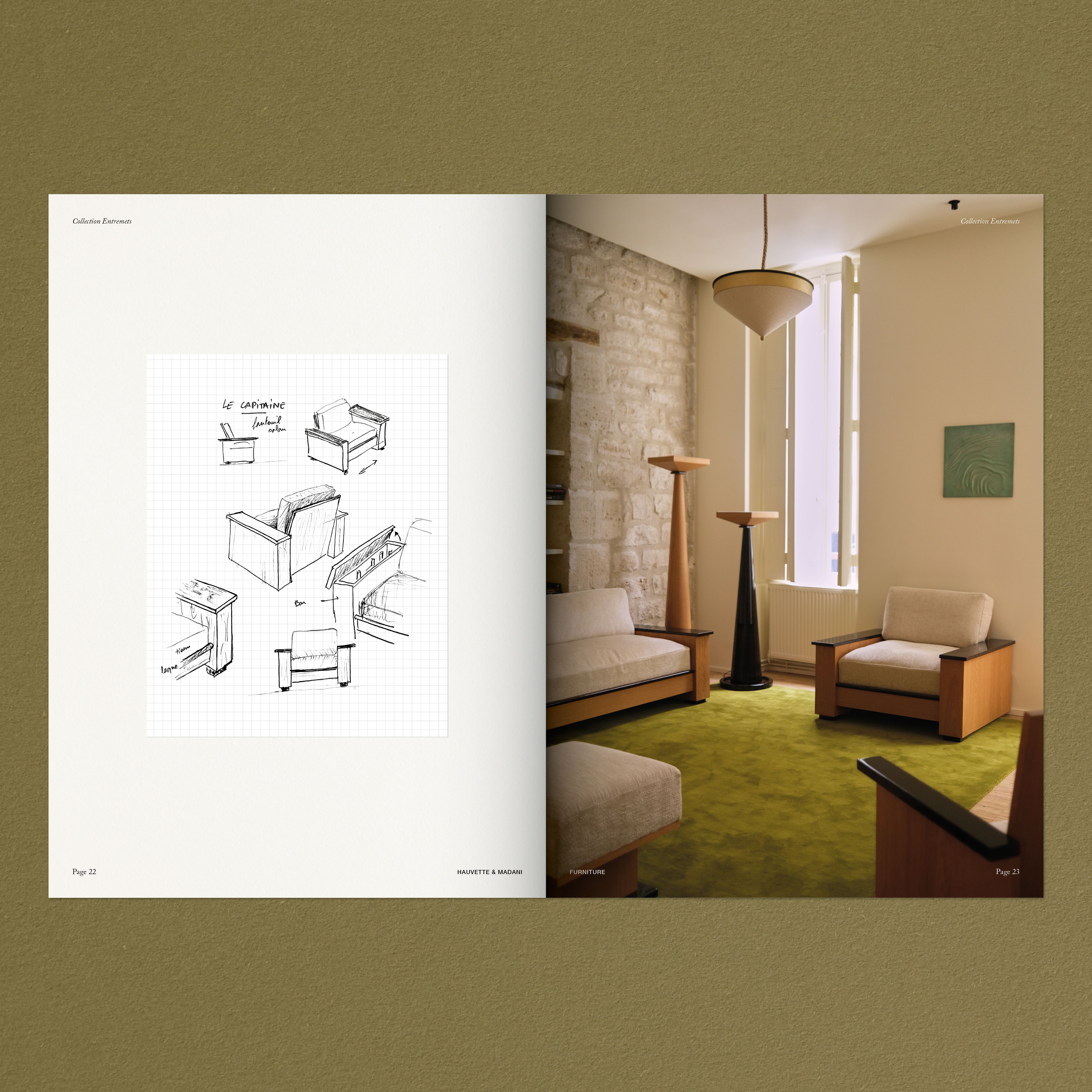 Pages de catalogue de la collection de mobilier Entremets des architectes et designers Hauvette et Madani | © Studio Cent-Huit 2025