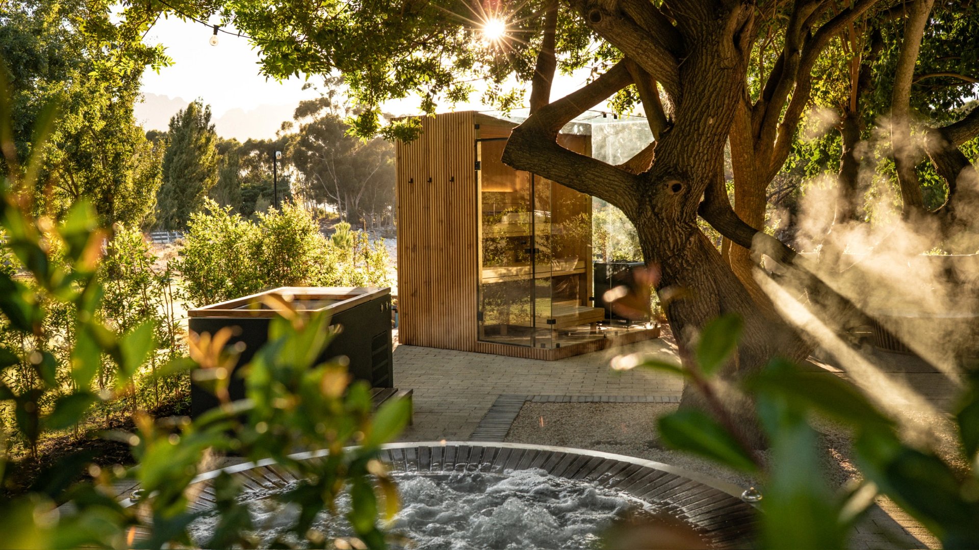 Outdoor sauna and hot tub beneath a tree at Oakvale Estate