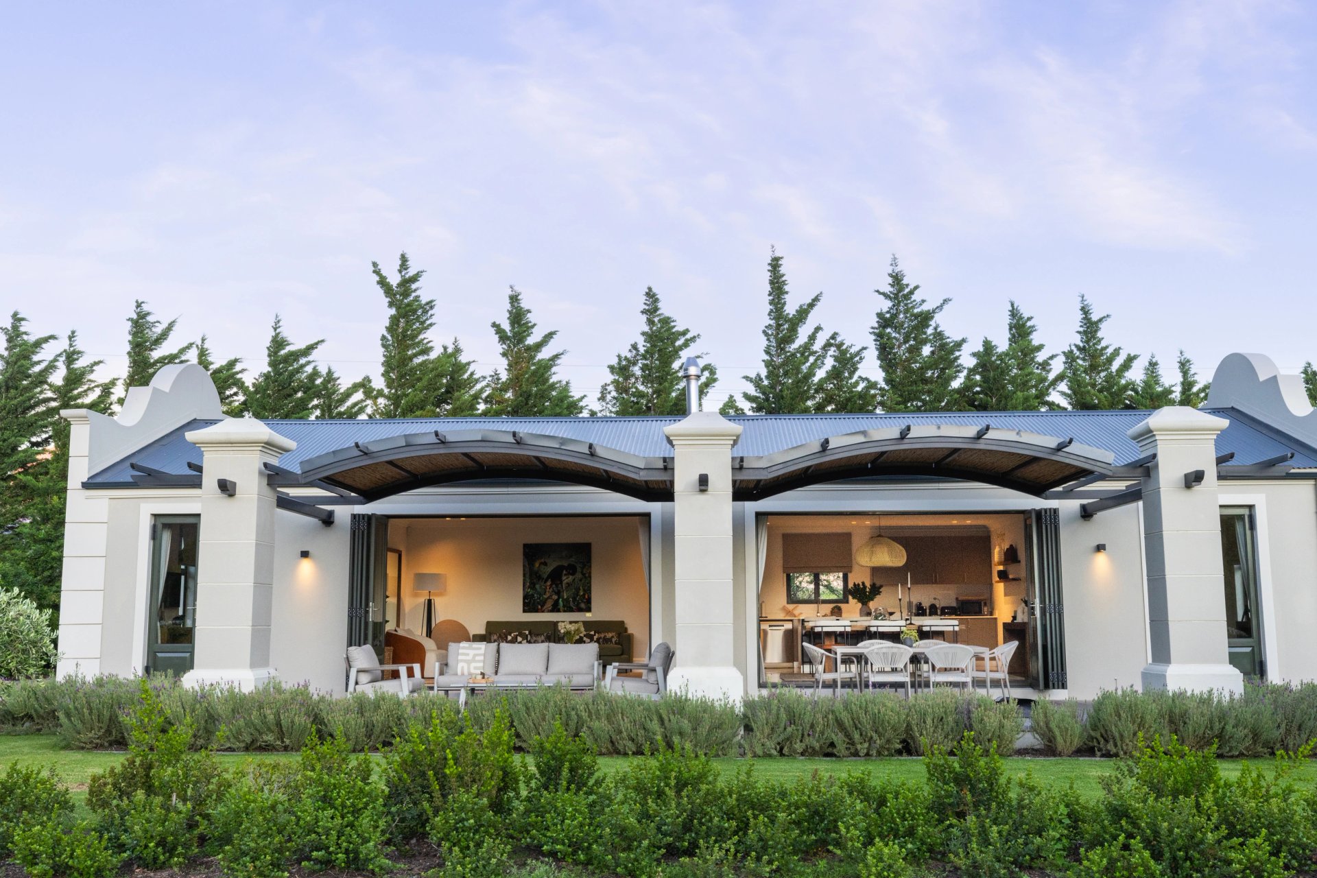 Twin-terrace villa at dusk