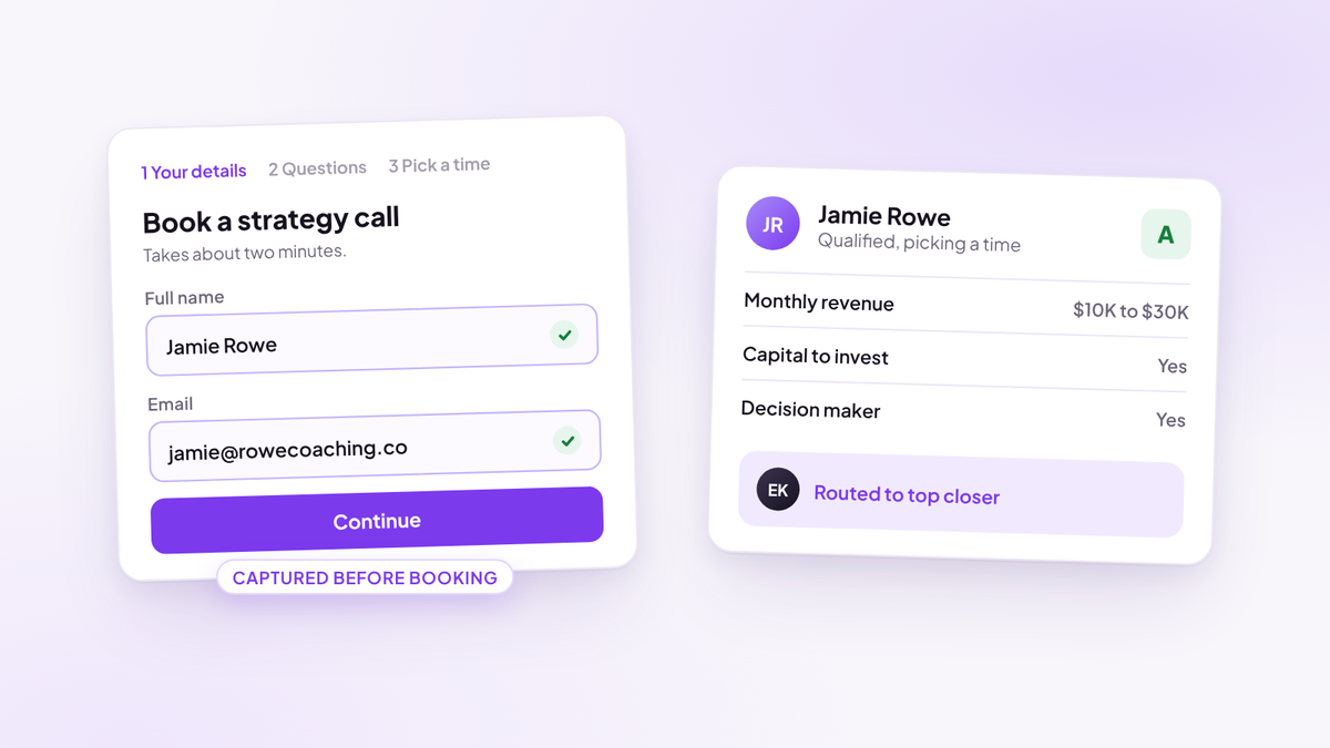 A booking form on its first step with name and email already captured, next to the lead's card: graded A on revenue, capital and decision-maker answers and routed to the top closer.