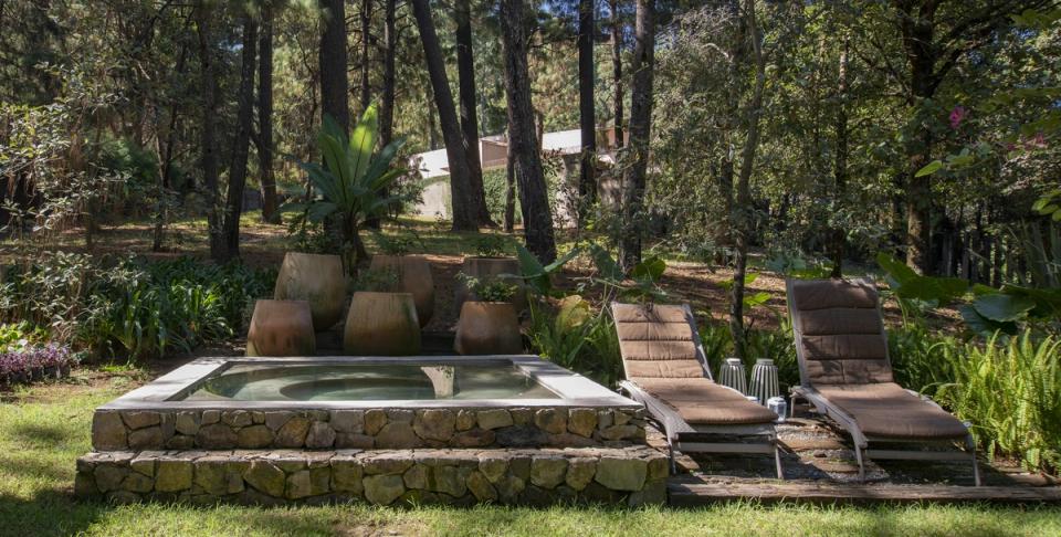 Jacuzzi de piedra y camastros en el jardín entre pinos