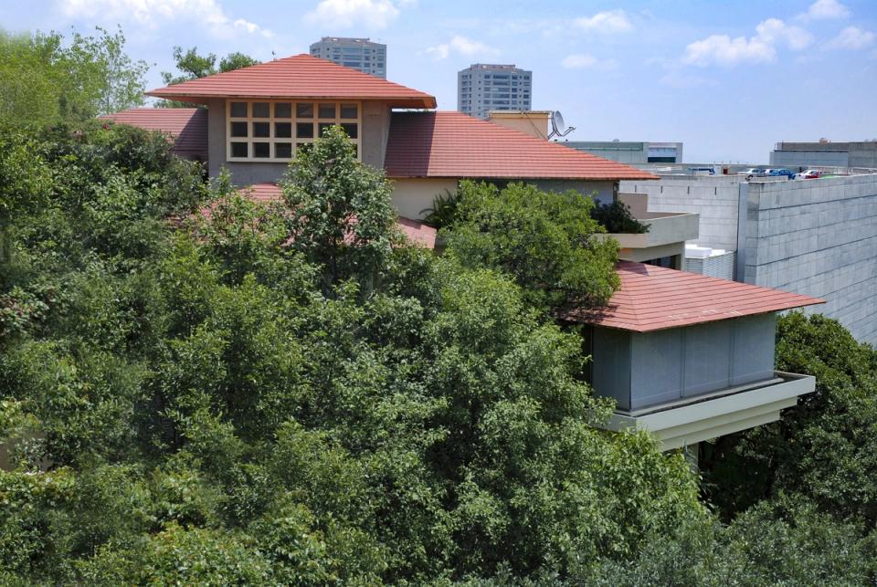 Casa de techos rojos entre árboles, vista desde arriba