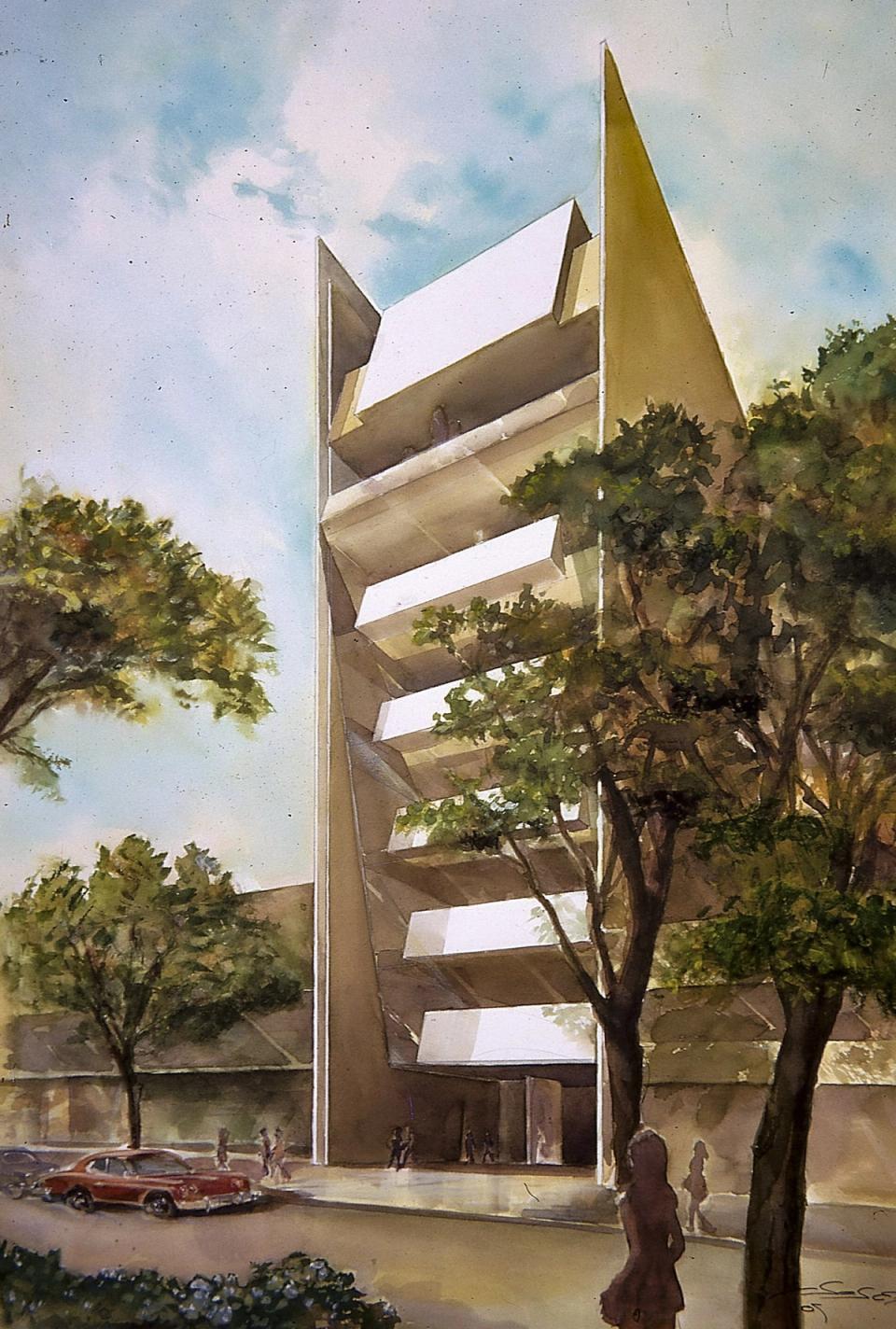 Perspectiva a color de una torre de departamentos con balcones