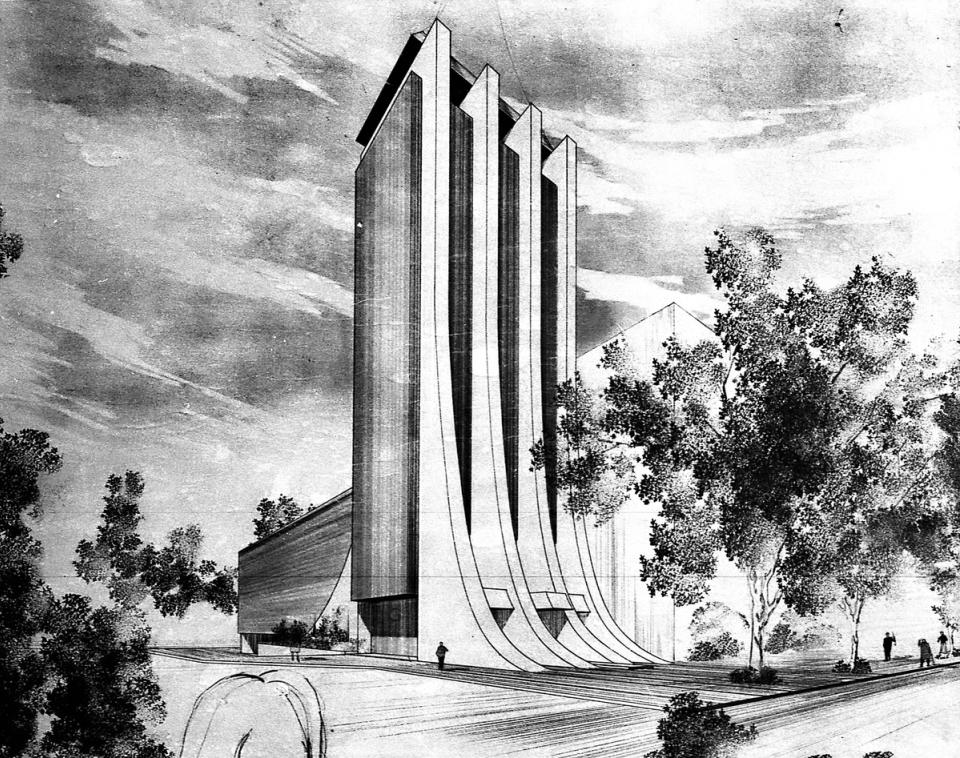 Perspectiva a lápiz de un edificio alto entre árboles