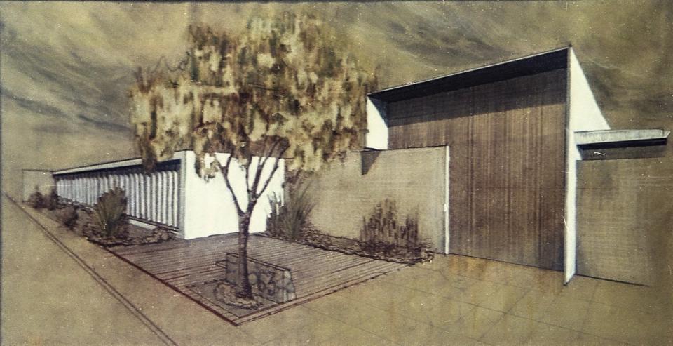 Perspectiva a color de una casa con patio y árbol