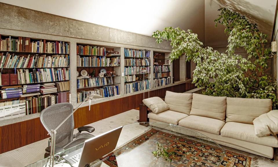 Estudio con libreros de concreto, sofá y árbol interior