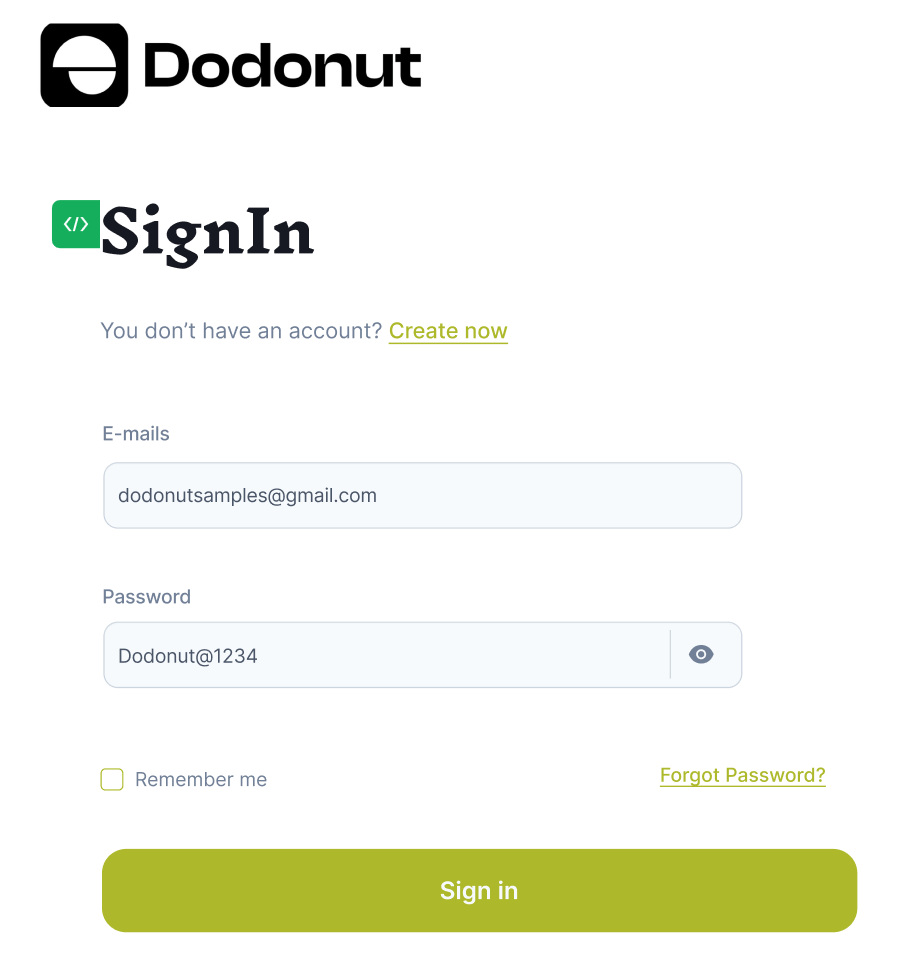 A login interface for Dodonut featuring email and password fields, with options to create an account, remember login details, and recover forgotten passwords.