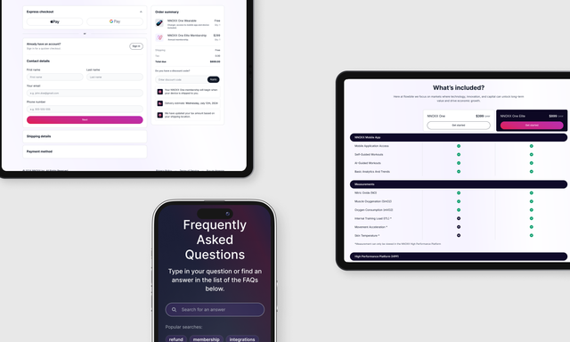 A collection of user interface screens showing a checkout form, FAQ search page, and a feature comparison table across multiple devices.