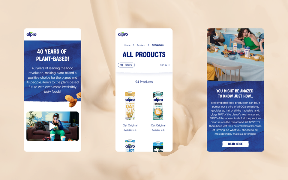 A mobile app interface showcases Alpro's 40-year history of plant-based products through three screens displaying product listings, company history, and environmental impact information.